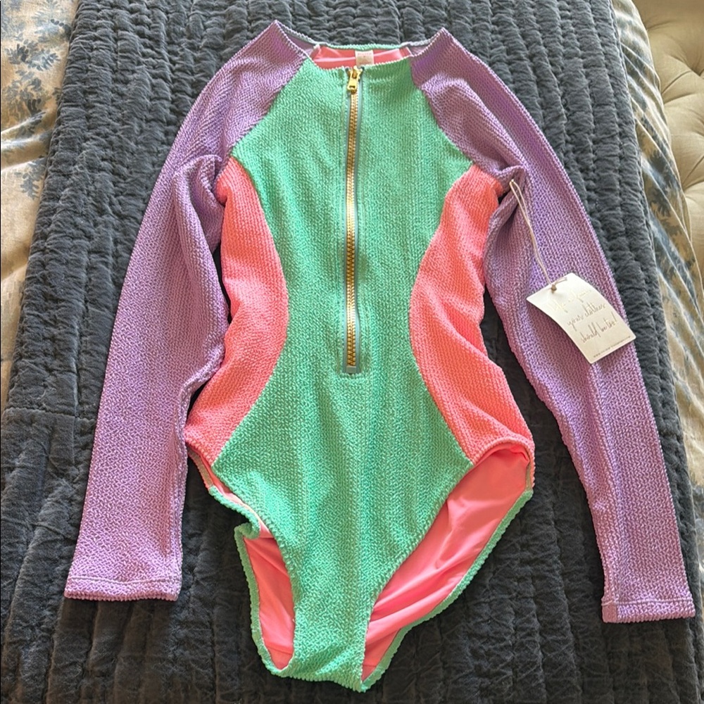 Colorblock Long Sleeve Zip Front One-Piece Swimsuit - Mint, Coral & Lilac